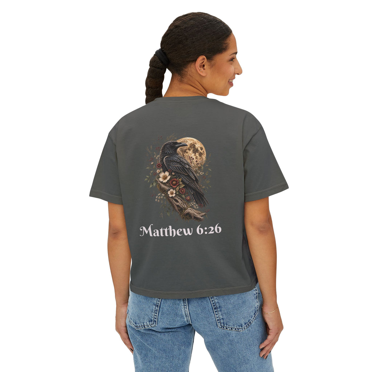 Matthew 6:26 Raven in Moonlight- He Provides Women's Boxy Tee — Faith Renewal Graphic Tee
