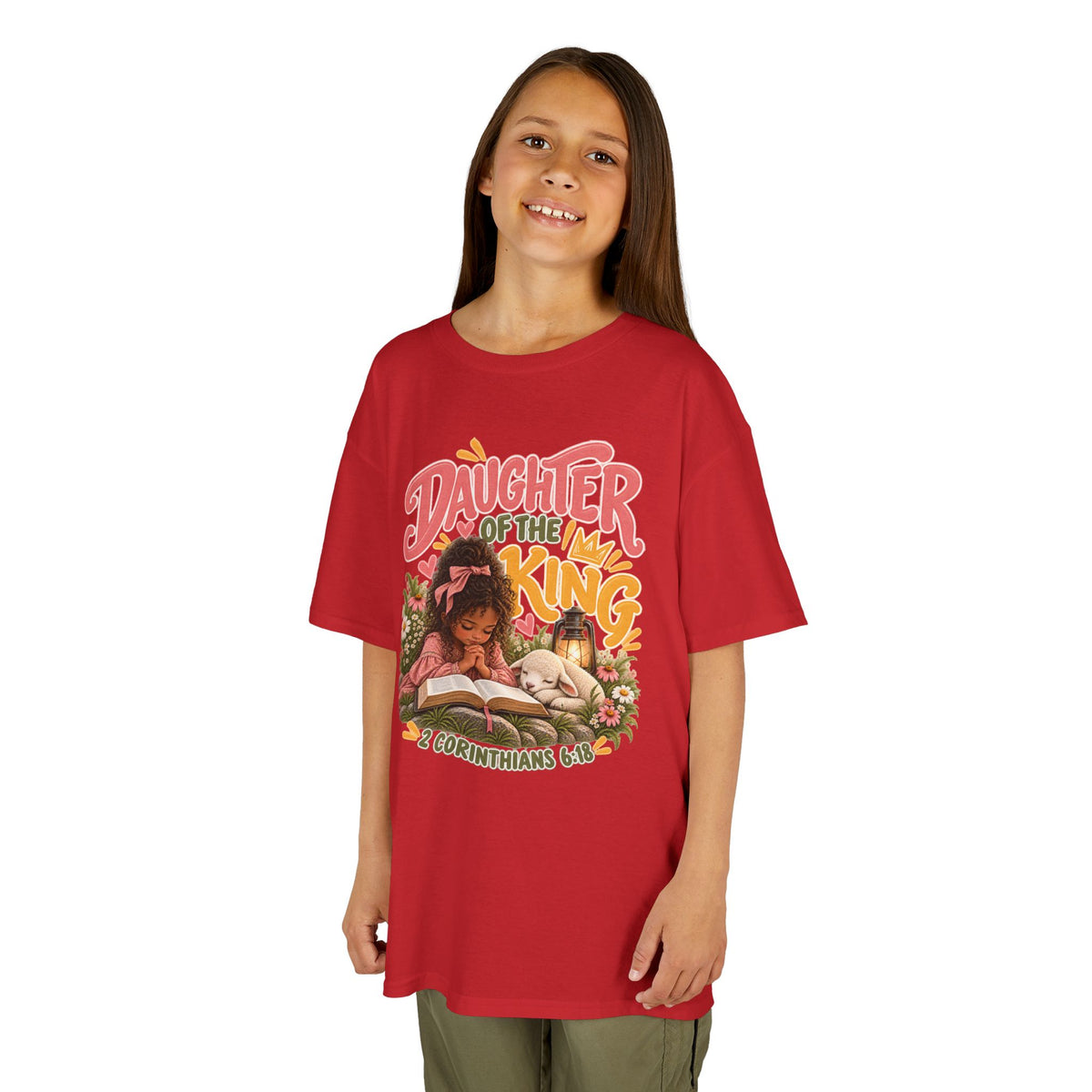 Daughter of the King Kids Tee Curly Brown– Christian Girls Bible Verse Shirt