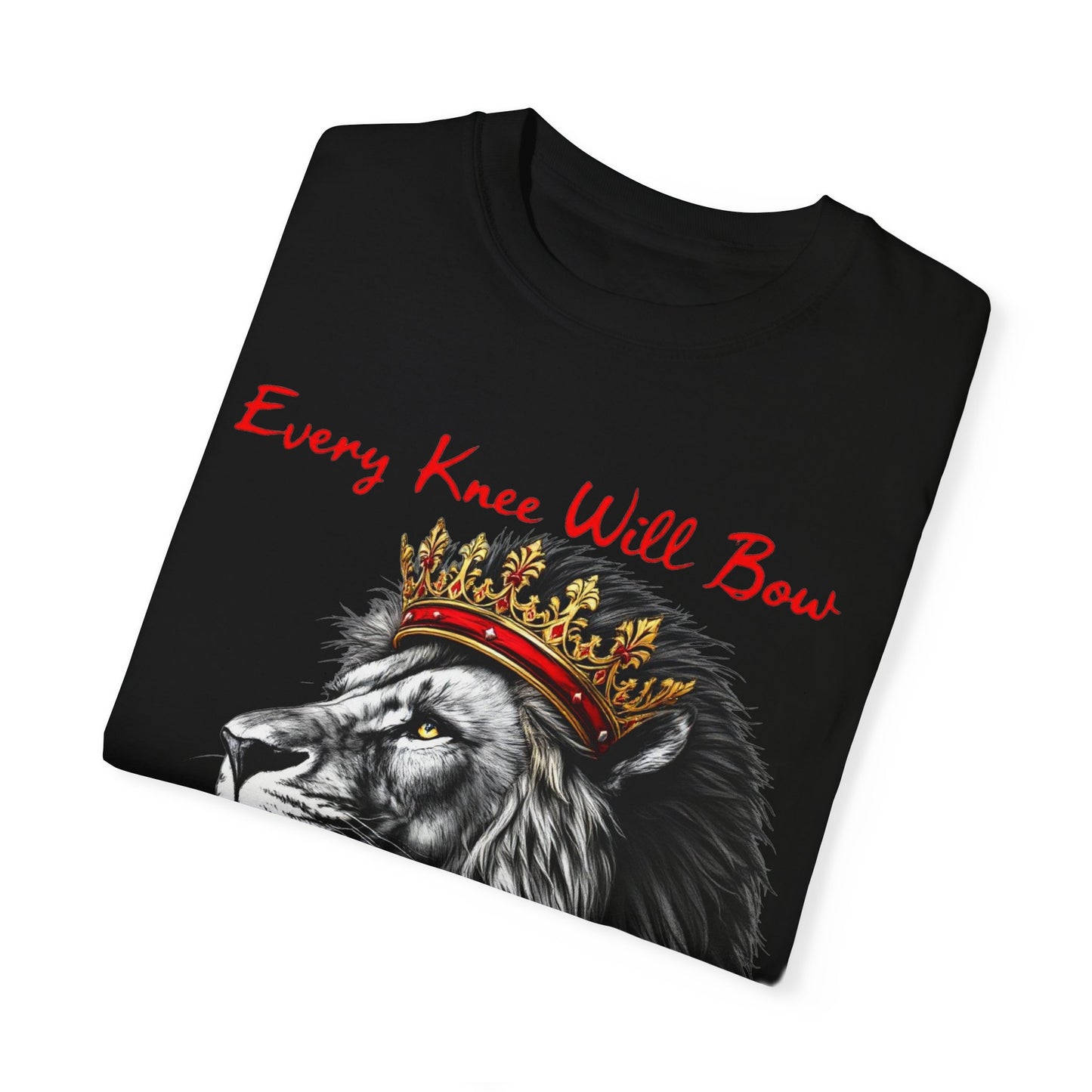 "Majestic Lion Christian T-Shirt – 'Every Knee Shall Bow' Inspirational Faith Apparel"