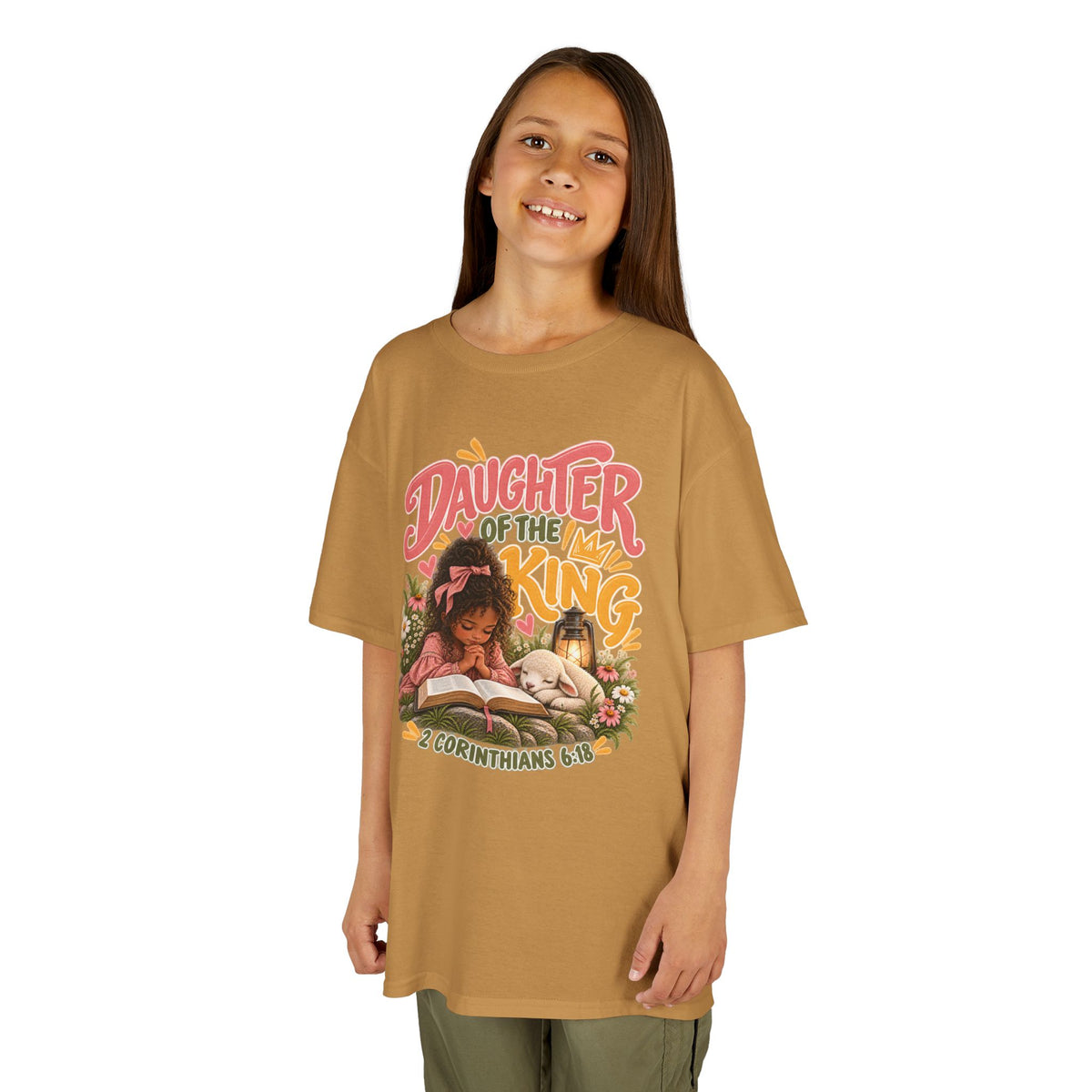 Daughter of the King Kids Tee Curly Brown– Christian Girls Bible Verse Shirt