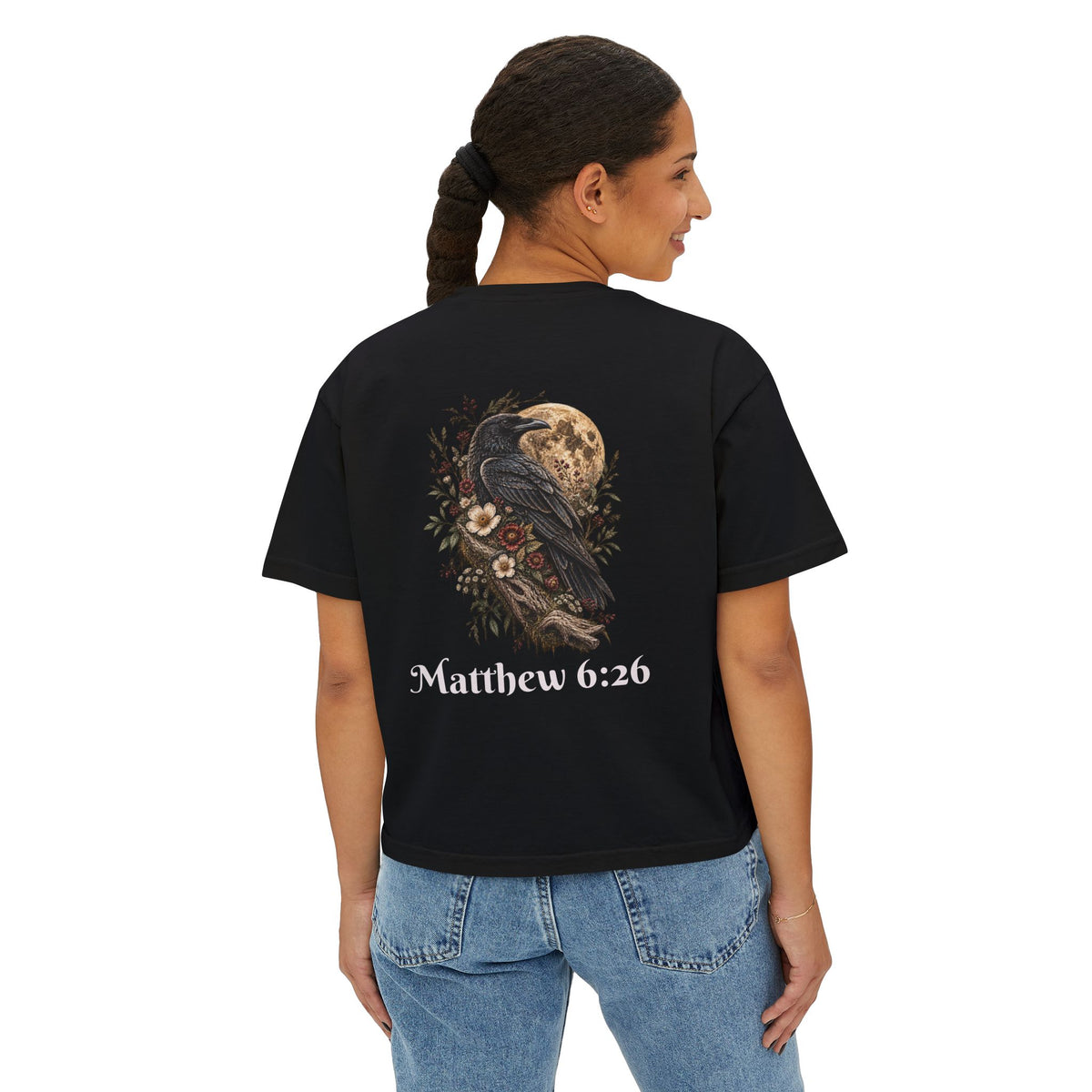 Matthew 6:26 Raven in Moonlight- He Provides Women's Boxy Tee — Faith Renewal Graphic Tee
