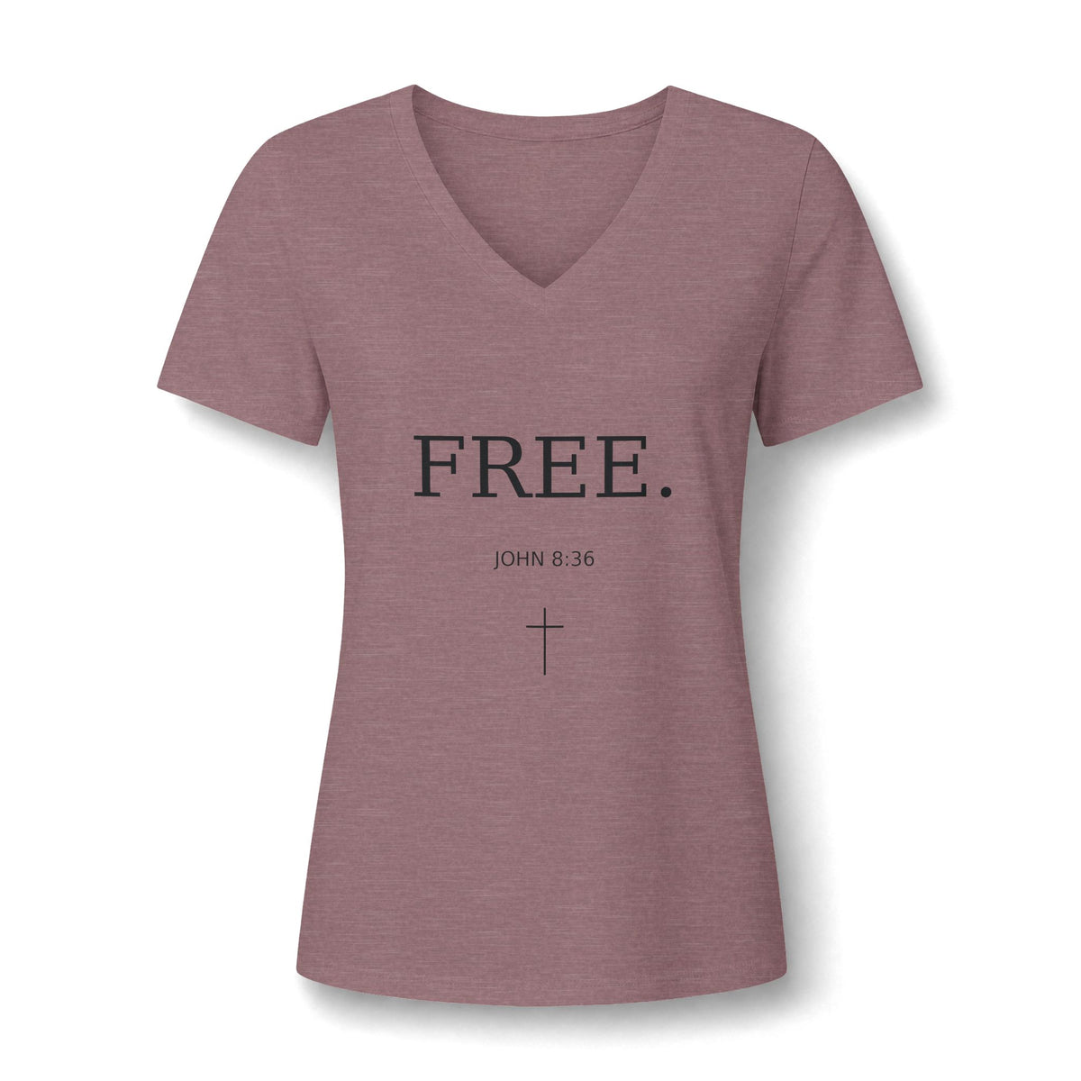 Women's V-Neck Tee — "FREE." Faith Christian Shirt with Cross