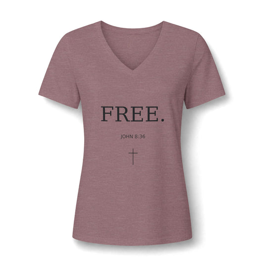 Women's V-Neck Tee — "FREE." Faith Christian Shirt with Cross