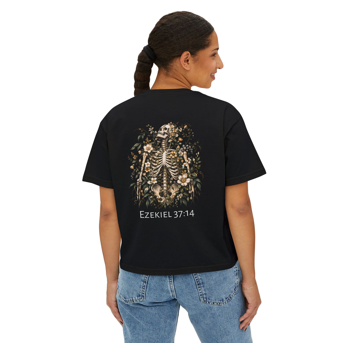 Ezekiel 37:14 Floral Skeleton Women's Boxy Tee — Faith Renewal Graphic Tee