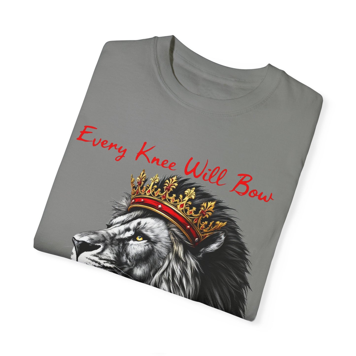 "Majestic Lion Christian T-Shirt – 'Every Knee Shall Bow' Inspirational Faith Apparel"