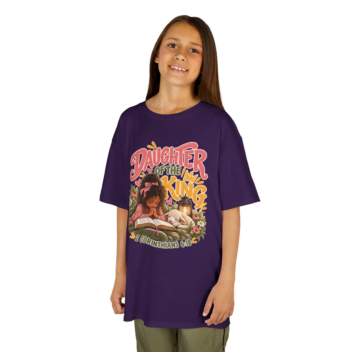 Daughter of the King Kids Tee Curly Brown– Christian Girls Bible Verse Shirt