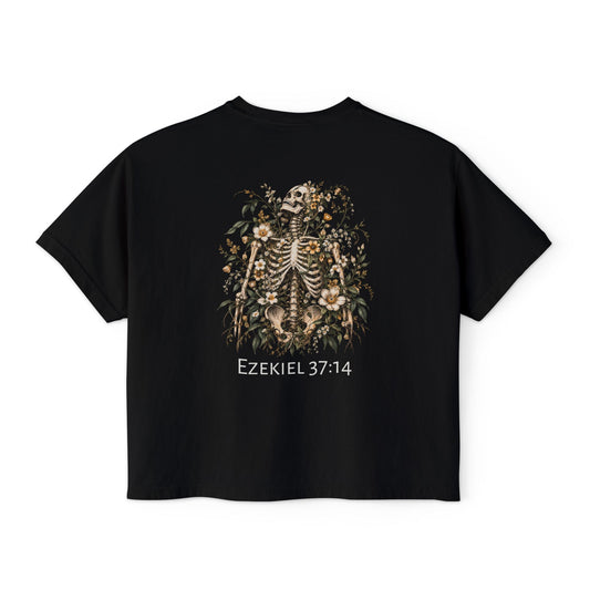 Ezekiel 37:14 Floral Skeleton Women's Boxy Tee — Faith Renewal Graphic Tee