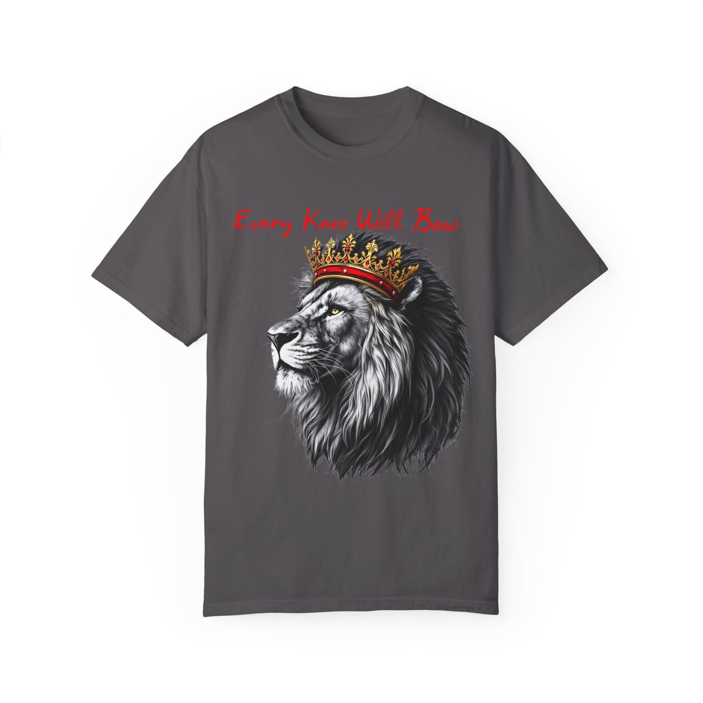 "Majestic Lion Christian T-Shirt – 'Every Knee Shall Bow' Inspirational Faith Apparel"