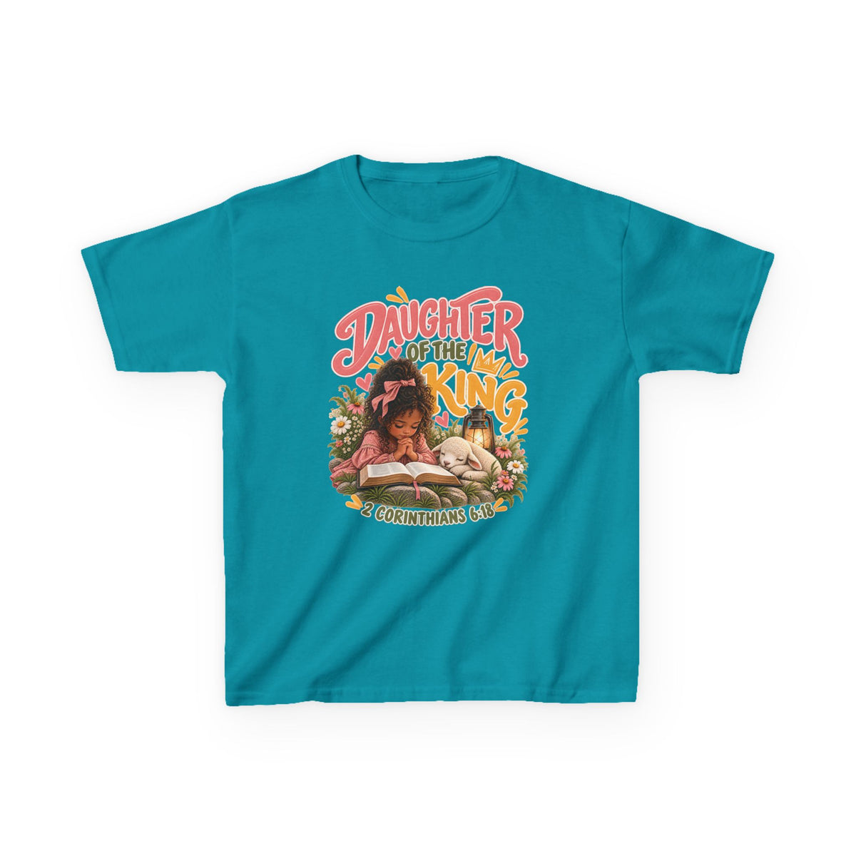 Daughter of the King Kids Tee Curly Brown– Christian Girls Bible Verse Shirt