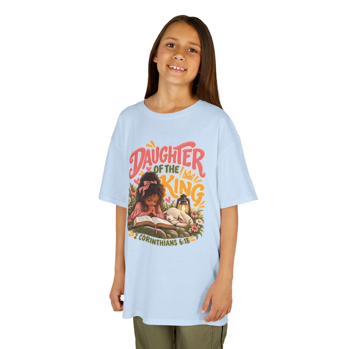 Daughter of the King Kids Tee Curly Brown– Christian Girls Bible Verse Shirt