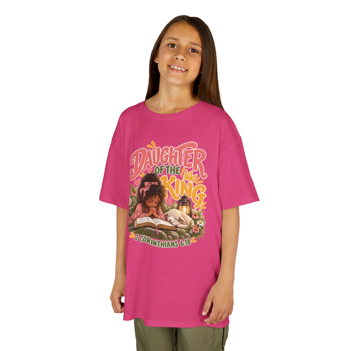 Daughter of the King Kids Tee Curly Brown– Christian Girls Bible Verse Shirt