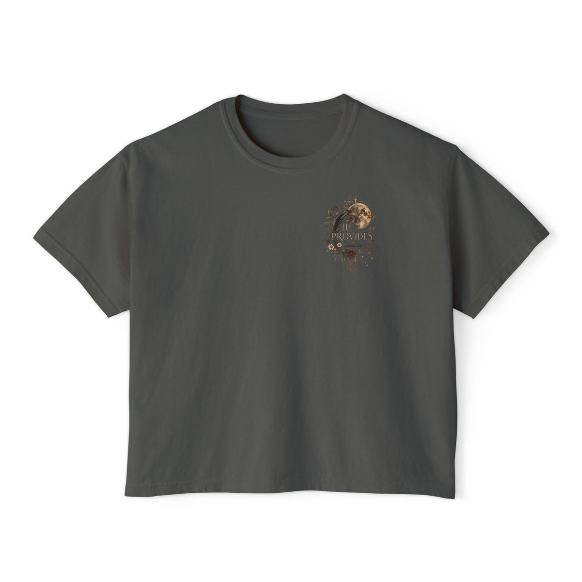 Matthew 6:26 Raven in Moonlight- He Provides Women's Boxy Tee — Faith Renewal Graphic Tee