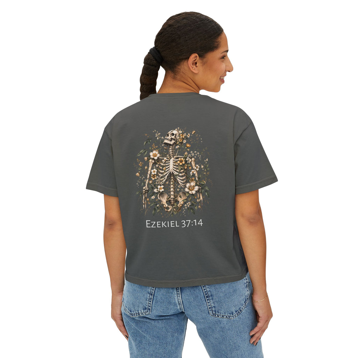 Ezekiel 37:14 Floral Skeleton Women's Boxy Tee — Faith Renewal Graphic Tee