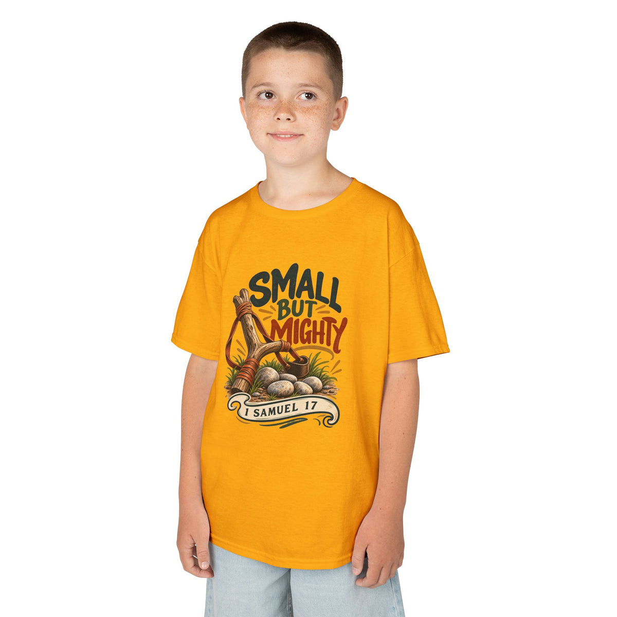 Small But Mighty Kids T-Shirt – 1 Samuel 17 Christian Bible Verse