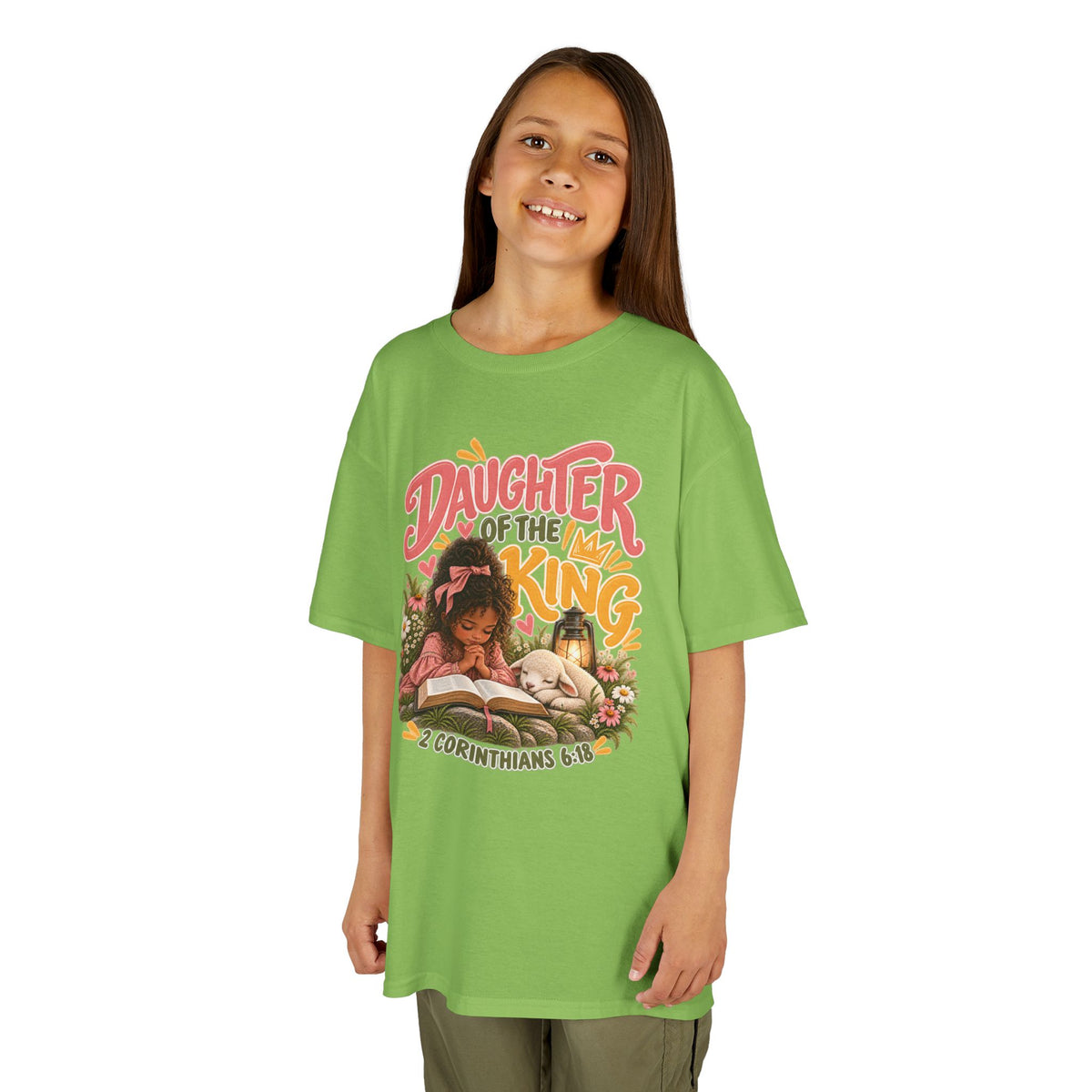 Daughter of the King Kids Tee Curly Brown– Christian Girls Bible Verse Shirt