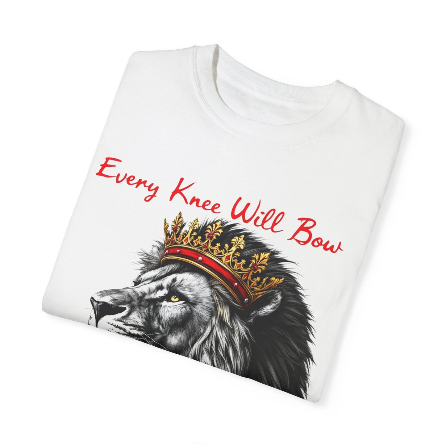 "Majestic Lion Christian T-Shirt – 'Every Knee Shall Bow' Inspirational Faith Apparel"