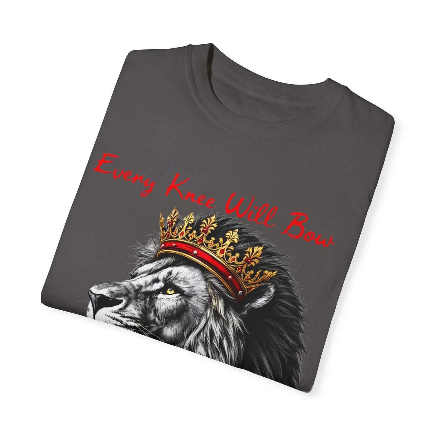 "Majestic Lion Christian T-Shirt – 'Every Knee Shall Bow' Inspirational Faith Apparel"