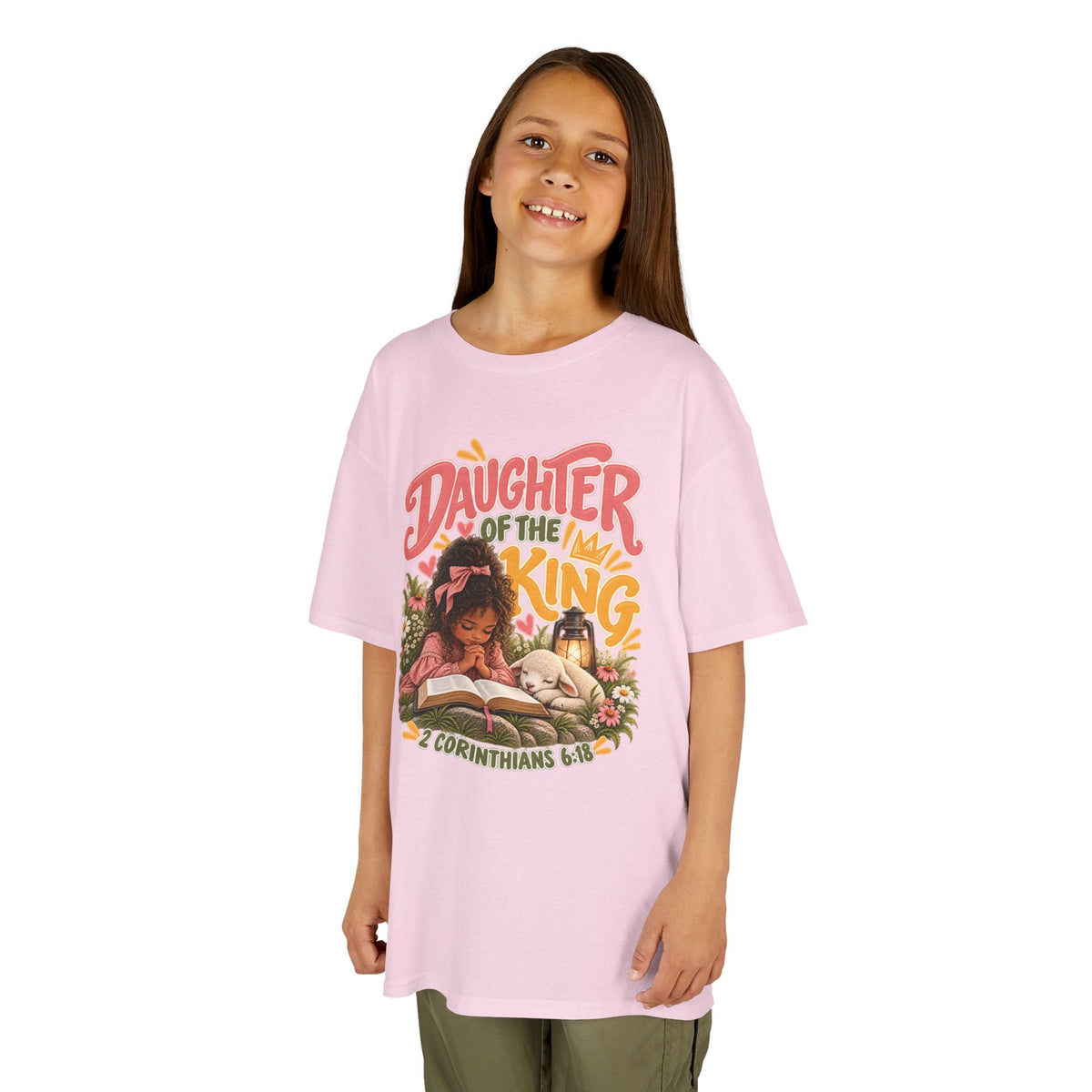 Daughter of the King Kids Tee Curly Brown– Christian Girls Bible Verse Shirt