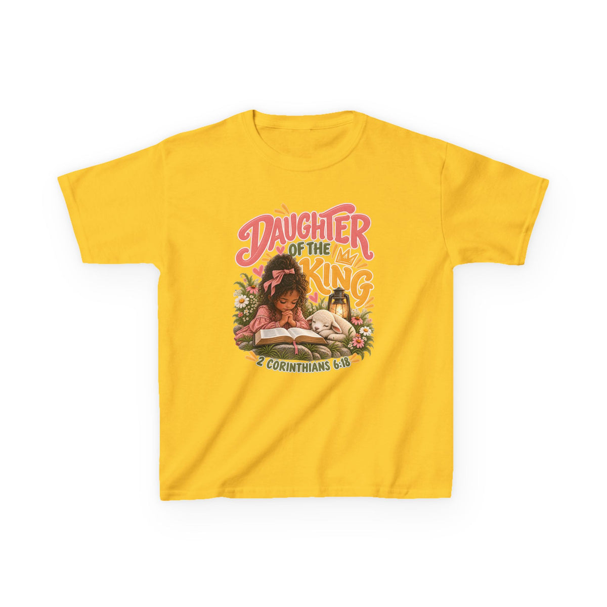 Daughter of the King Kids Tee Curly Brown– Christian Girls Bible Verse Shirt