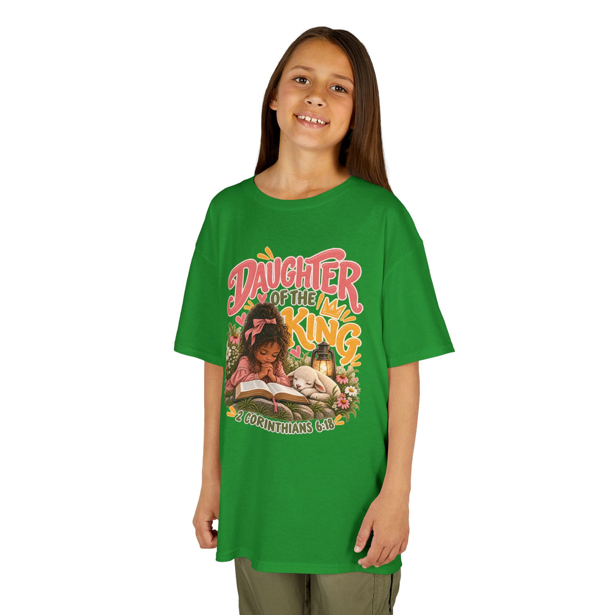 Daughter of the King Kids Tee Curly Brown– Christian Girls Bible Verse Shirt