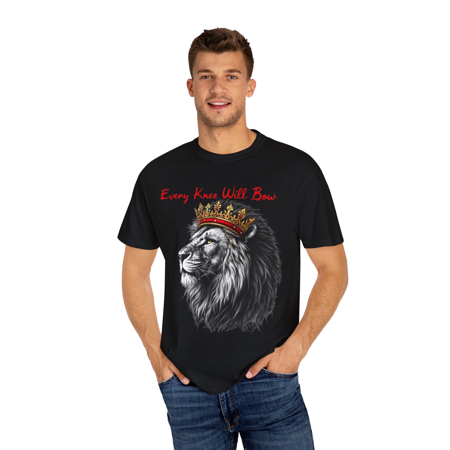 "Majestic Lion Christian T-Shirt – 'Every Knee Shall Bow' Inspirational Faith Apparel"