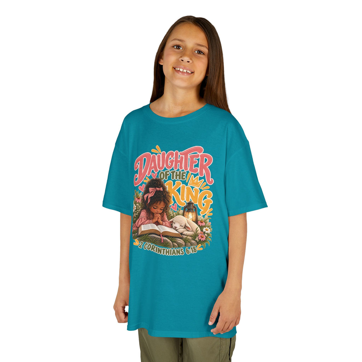 Daughter of the King Kids Tee Curly Brown– Christian Girls Bible Verse Shirt