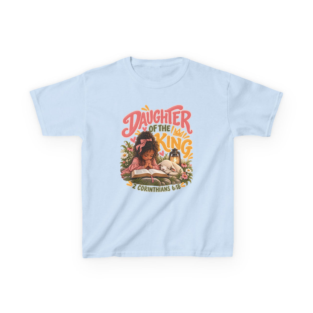 Daughter of the King Kids Tee Curly Brown– Christian Girls Bible Verse Shirt