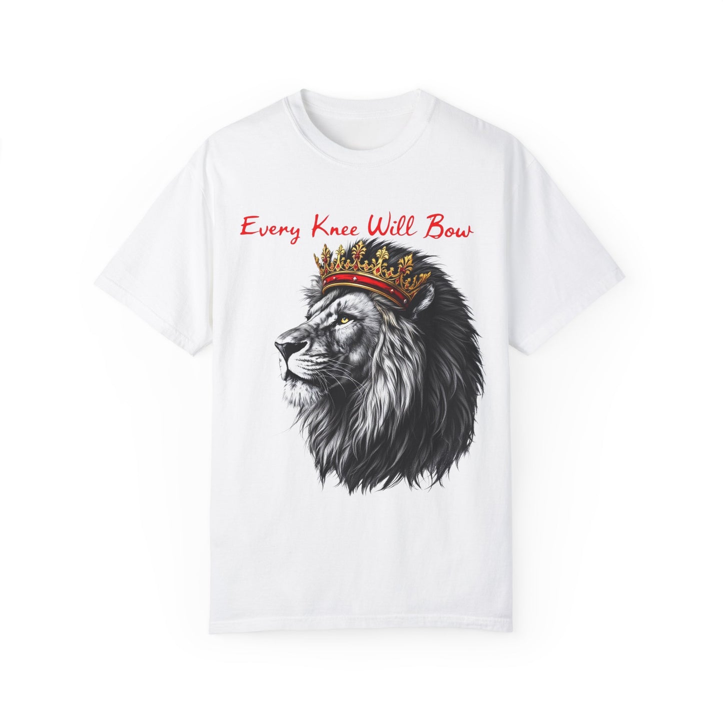 "Majestic Lion Christian T-Shirt – 'Every Knee Shall Bow' Inspirational Faith Apparel"