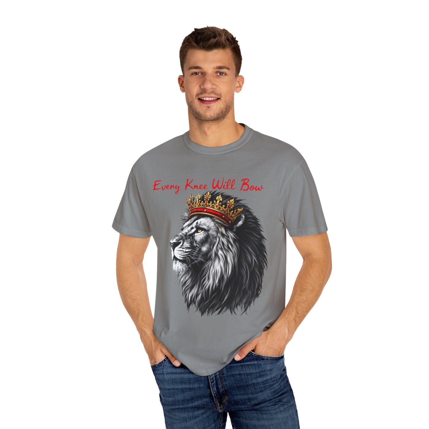"Majestic Lion Christian T-Shirt – 'Every Knee Shall Bow' Inspirational Faith Apparel"