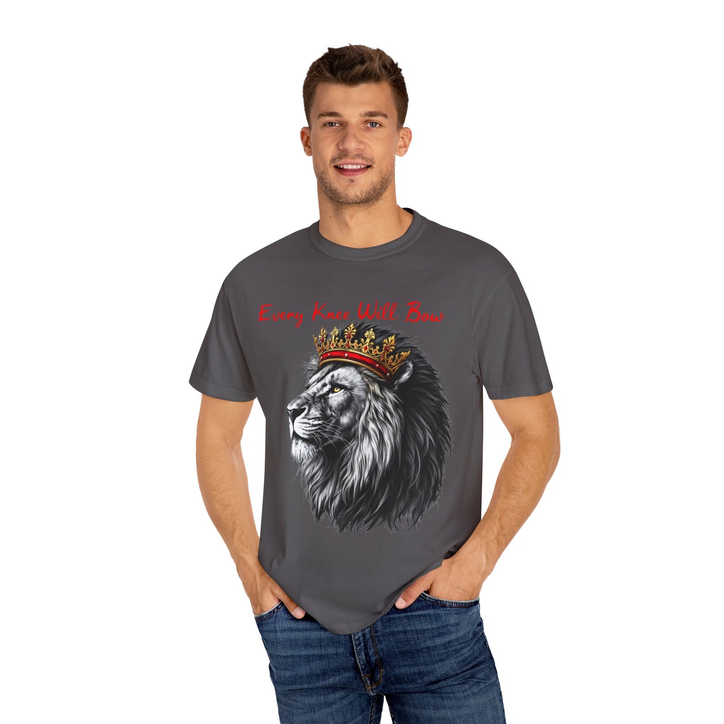"Majestic Lion Christian T-Shirt – 'Every Knee Shall Bow' Inspirational Faith Apparel"