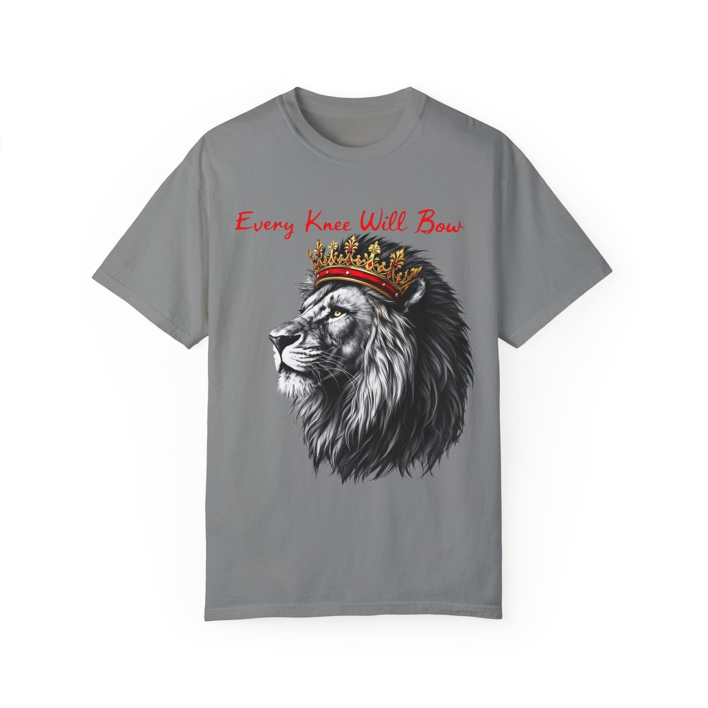 "Majestic Lion Christian T-Shirt – 'Every Knee Shall Bow' Inspirational Faith Apparel"