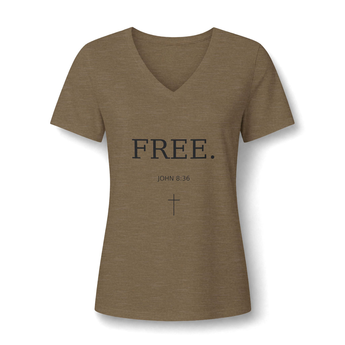 Women's V-Neck Tee — "FREE." Faith Christian Shirt with Cross