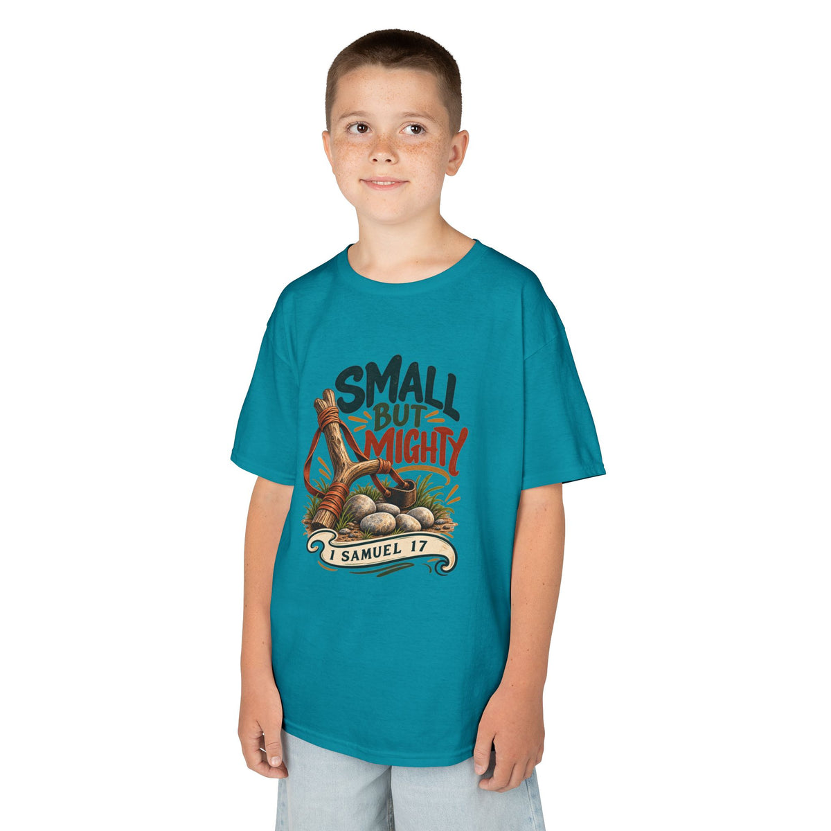 Small But Mighty Kids T-Shirt – 1 Samuel 17 Christian Bible Verse
