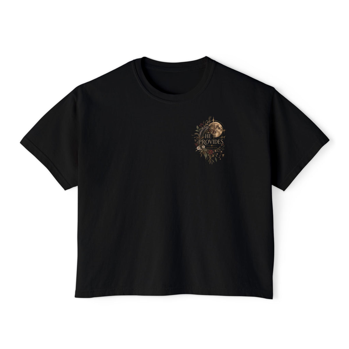 Matthew 6:26 Raven in Moonlight- He Provides Women's Boxy Tee — Faith Renewal Graphic Tee