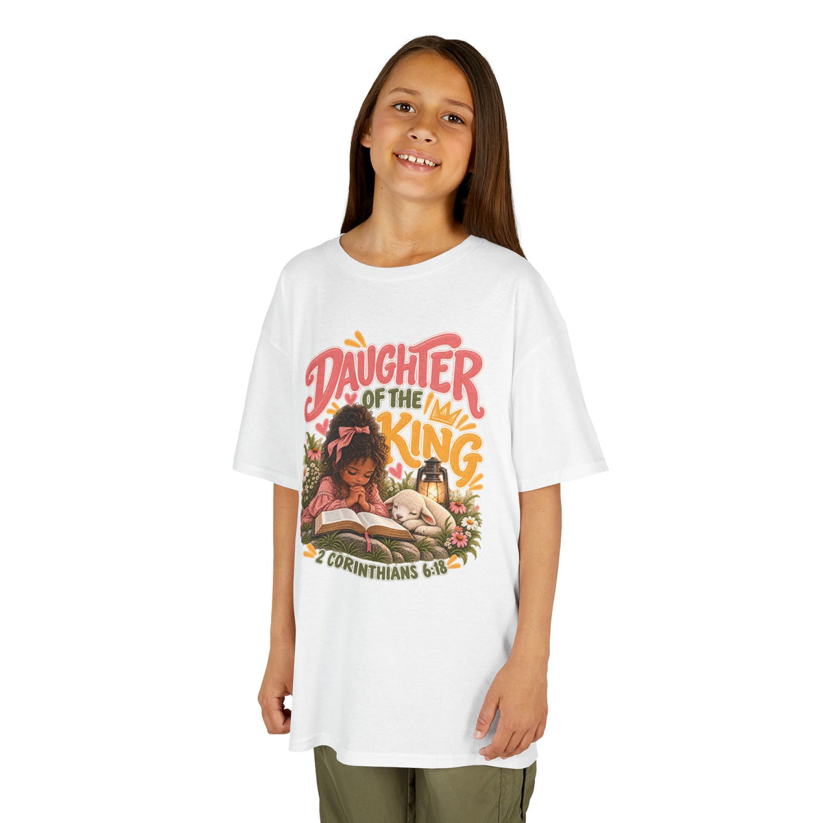 Daughter of the King Kids Tee Curly Brown– Christian Girls Bible Verse Shirt