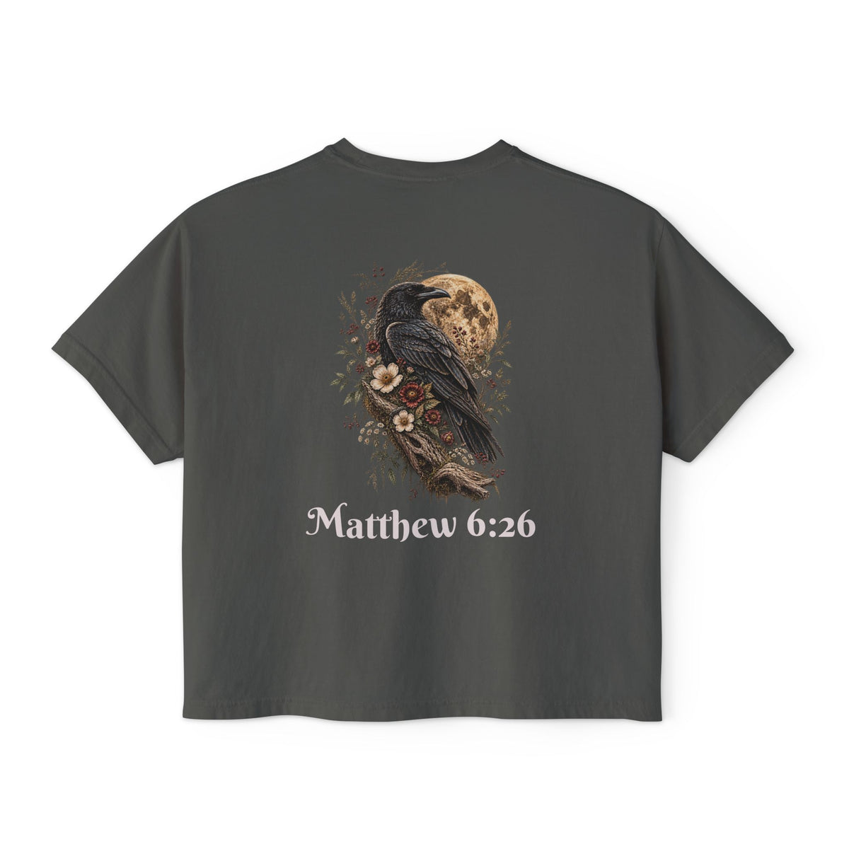 Matthew 6:26 Raven in Moonlight- He Provides Women's Boxy Tee — Faith Renewal Graphic Tee