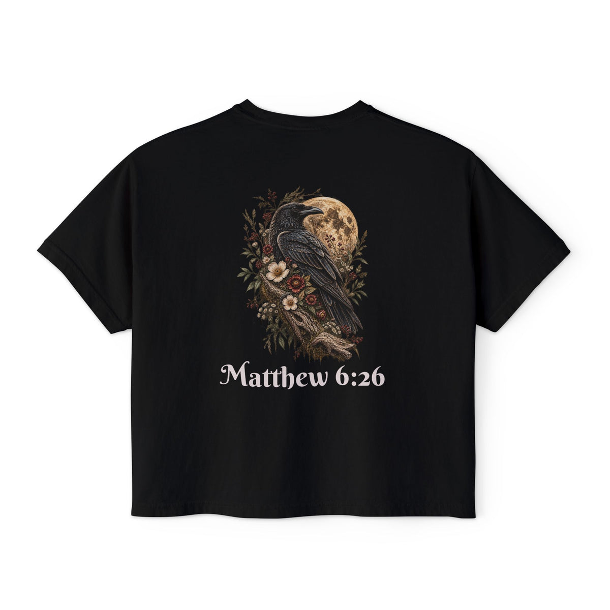 Matthew 6:26 Raven in Moonlight- He Provides Women's Boxy Tee — Faith Renewal Graphic Tee