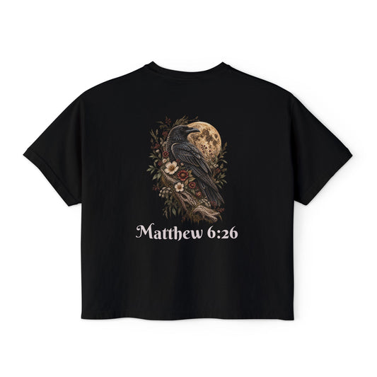 Matthew 6:26 Raven in Moonlight- He Provides Women's Boxy Tee — Faith Renewal Graphic Tee