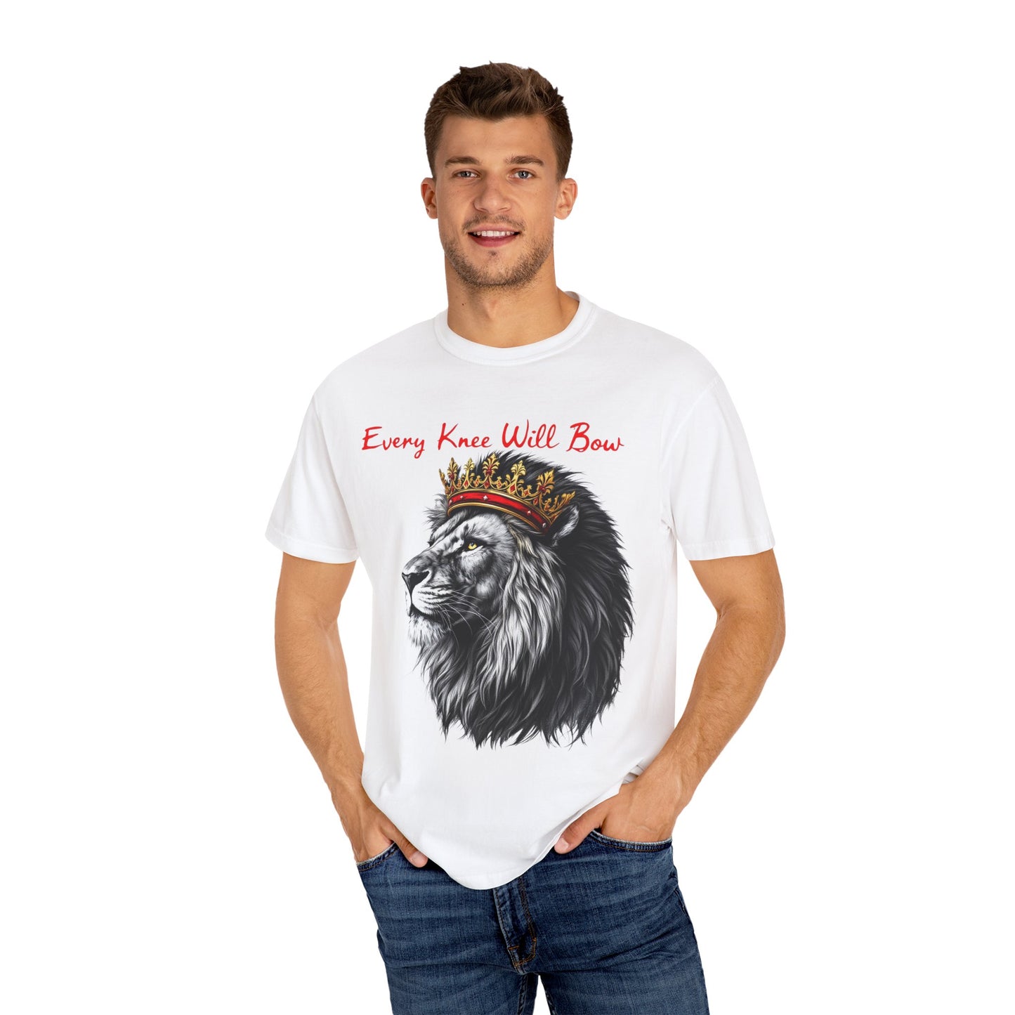 "Majestic Lion Christian T-Shirt – 'Every Knee Shall Bow' Inspirational Faith Apparel"