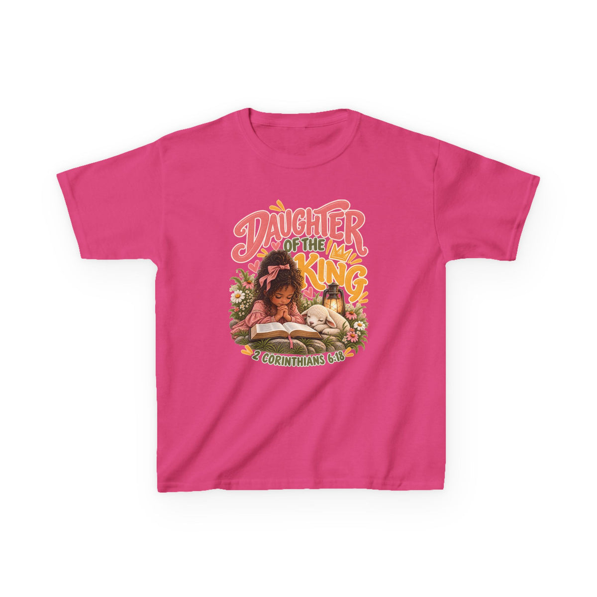 Daughter of the King Kids Tee Curly Brown– Christian Girls Bible Verse Shirt