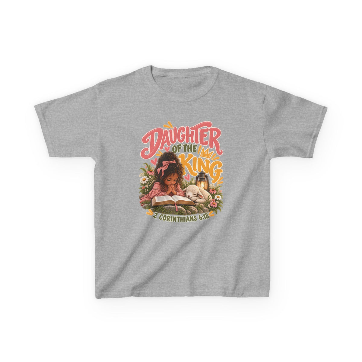 Daughter of the King Kids Tee Curly Brown– Christian Girls Bible Verse Shirt