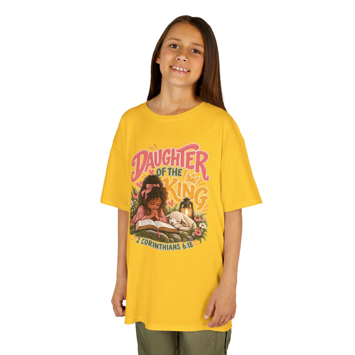 Daughter of the King Kids Tee Curly Brown– Christian Girls Bible Verse Shirt