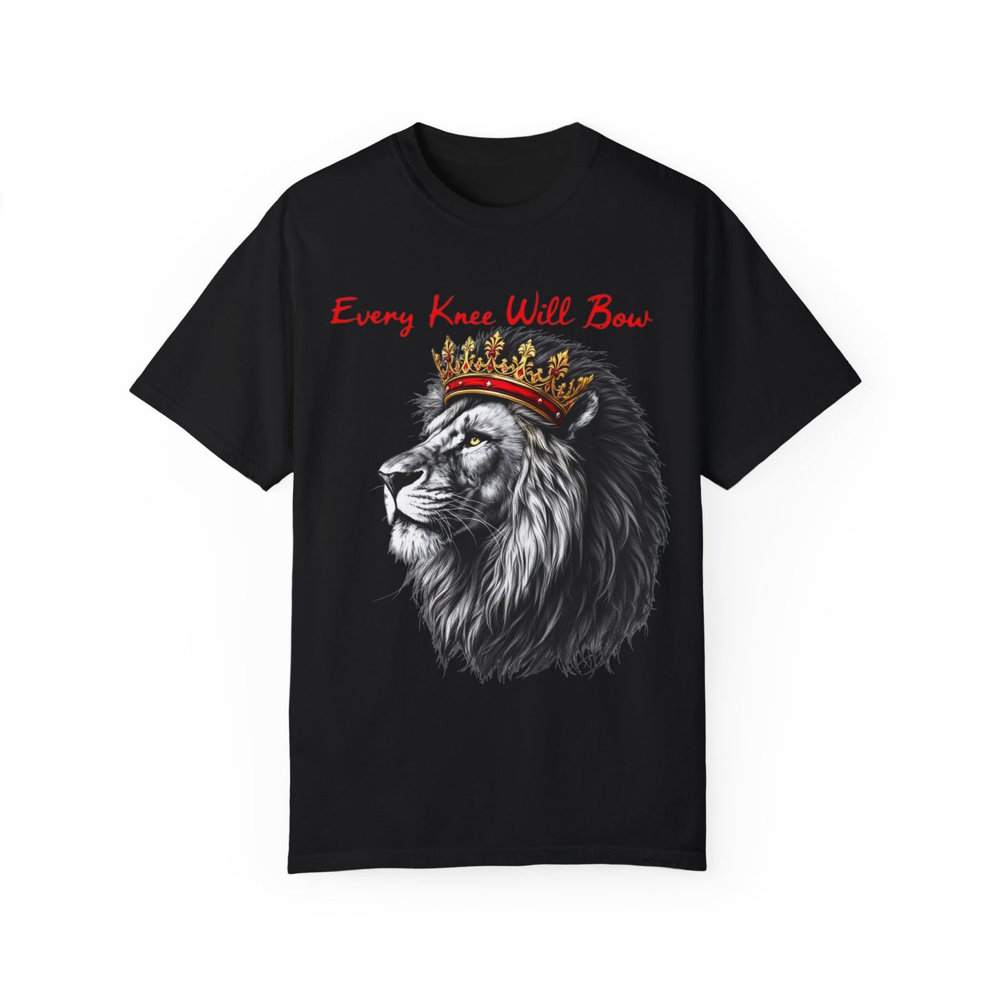 "Majestic Lion Christian T-Shirt – 'Every Knee Shall Bow' Inspirational Faith Apparel"