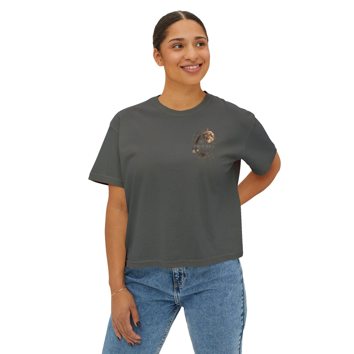 Matthew 6:26 Raven in Moonlight- He Provides Women's Boxy Tee — Faith Renewal Graphic Tee