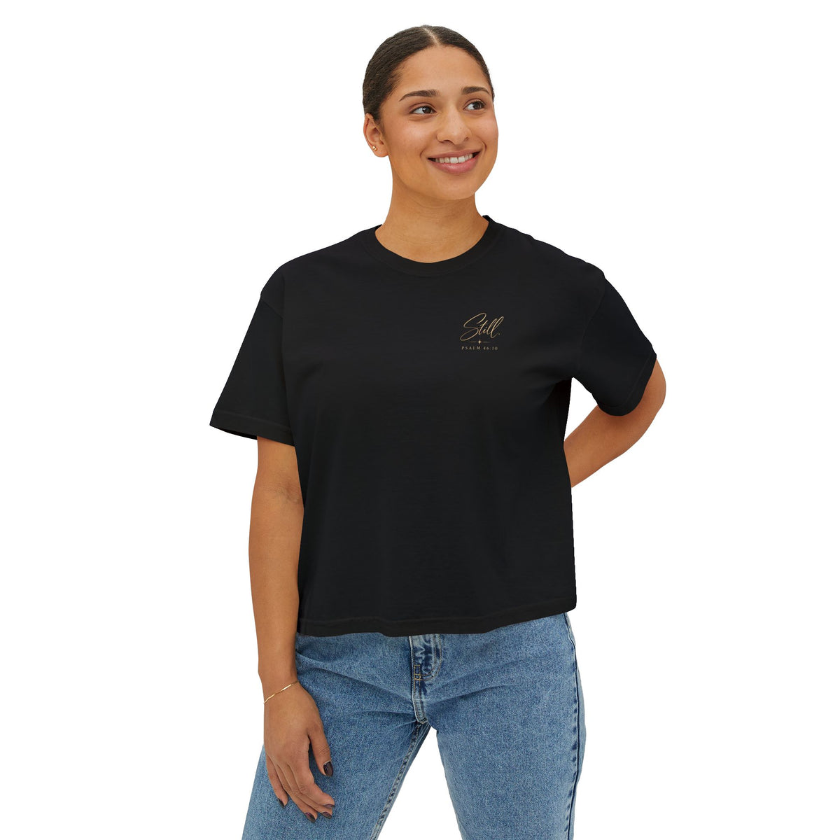 Psalm 46:10- Still-Women's Boxy Tee — Faith Renewal Graphic Tee