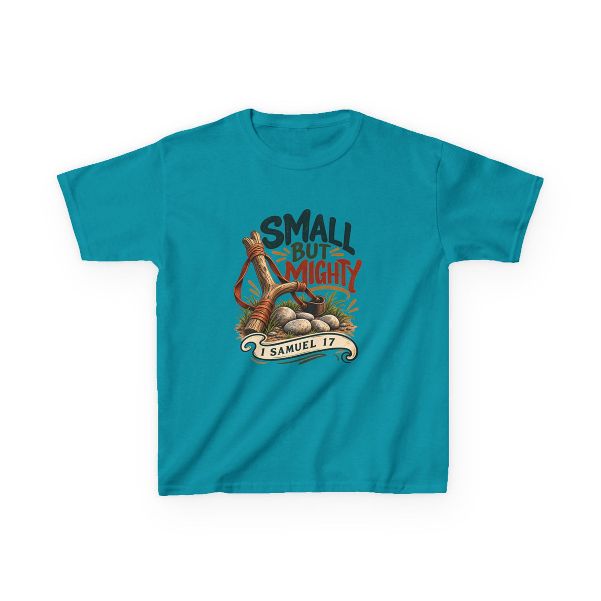 Small But Mighty Kids T-Shirt – 1 Samuel 17 Christian Bible Verse