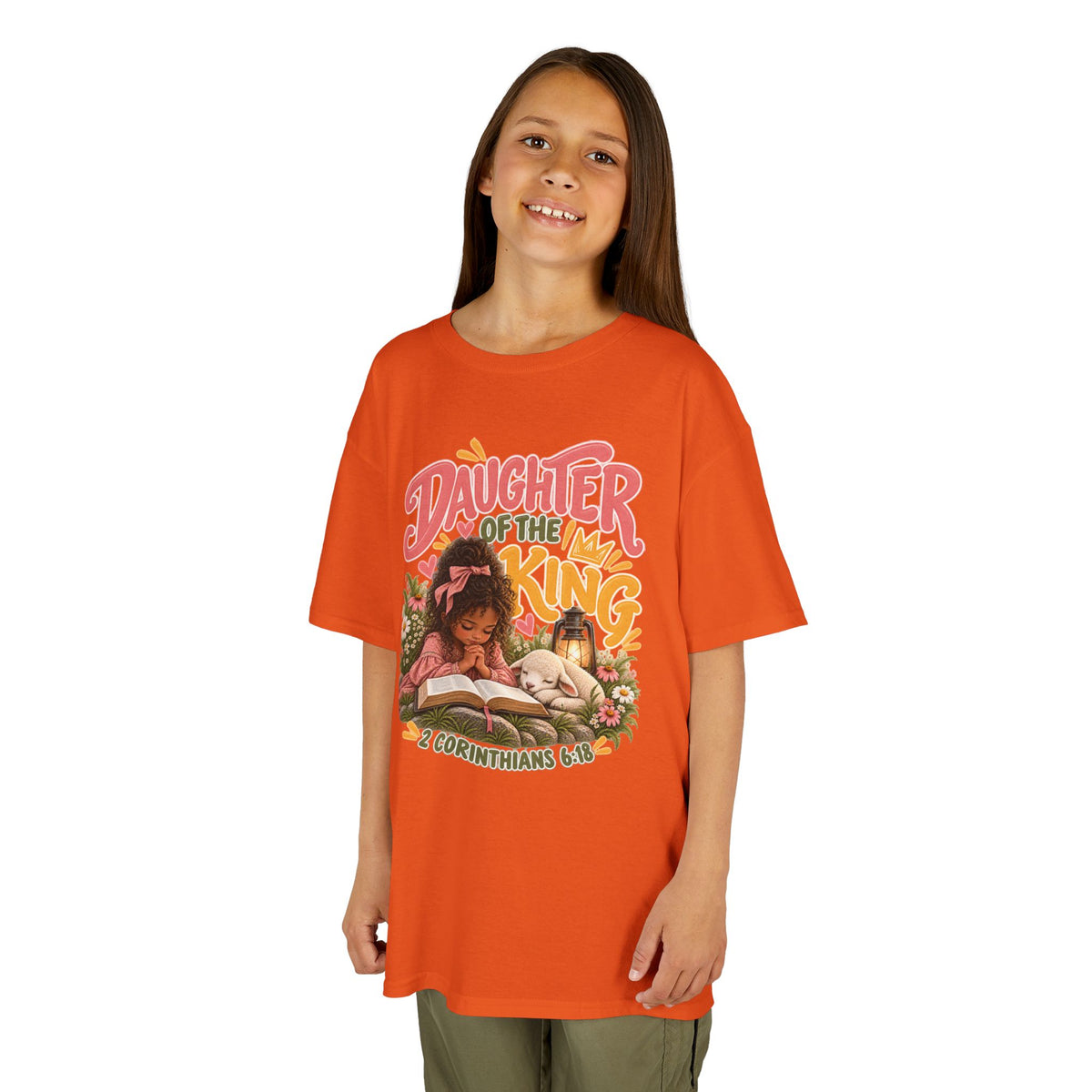 Daughter of the King Kids Tee Curly Brown– Christian Girls Bible Verse Shirt