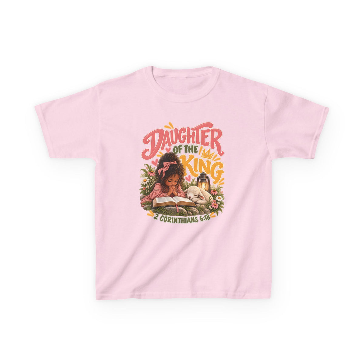 Daughter of the King Kids Tee Curly Brown– Christian Girls Bible Verse Shirt