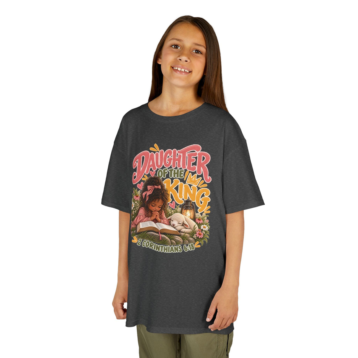 Daughter of the King Kids Tee Curly Brown– Christian Girls Bible Verse Shirt