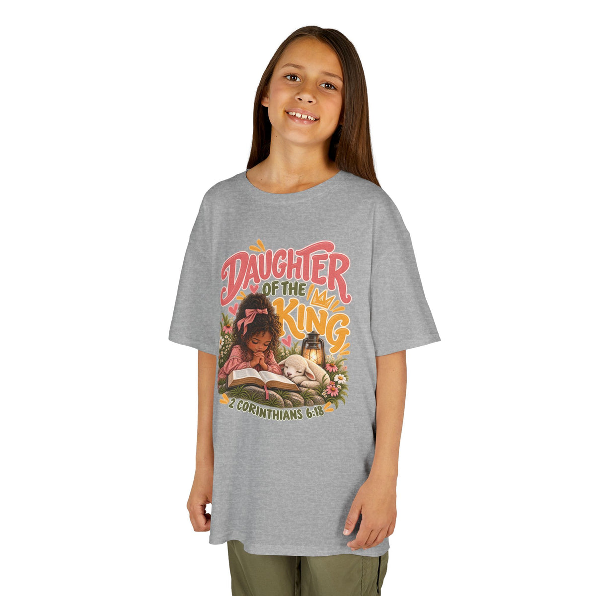 Daughter of the King Kids Tee Curly Brown– Christian Girls Bible Verse Shirt